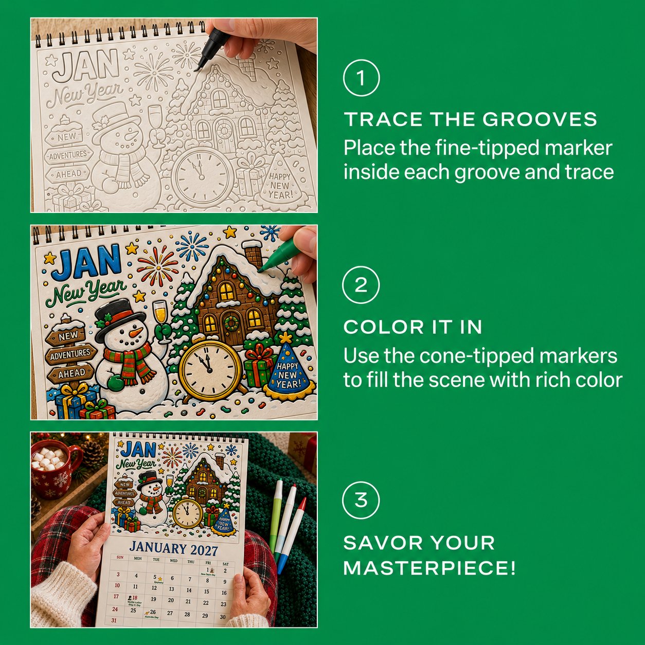 🎨Color The Year 2027: Guided Creative Calendar📅| Seasonal Guided Coloring Wall Calendar With Markers - Image 3