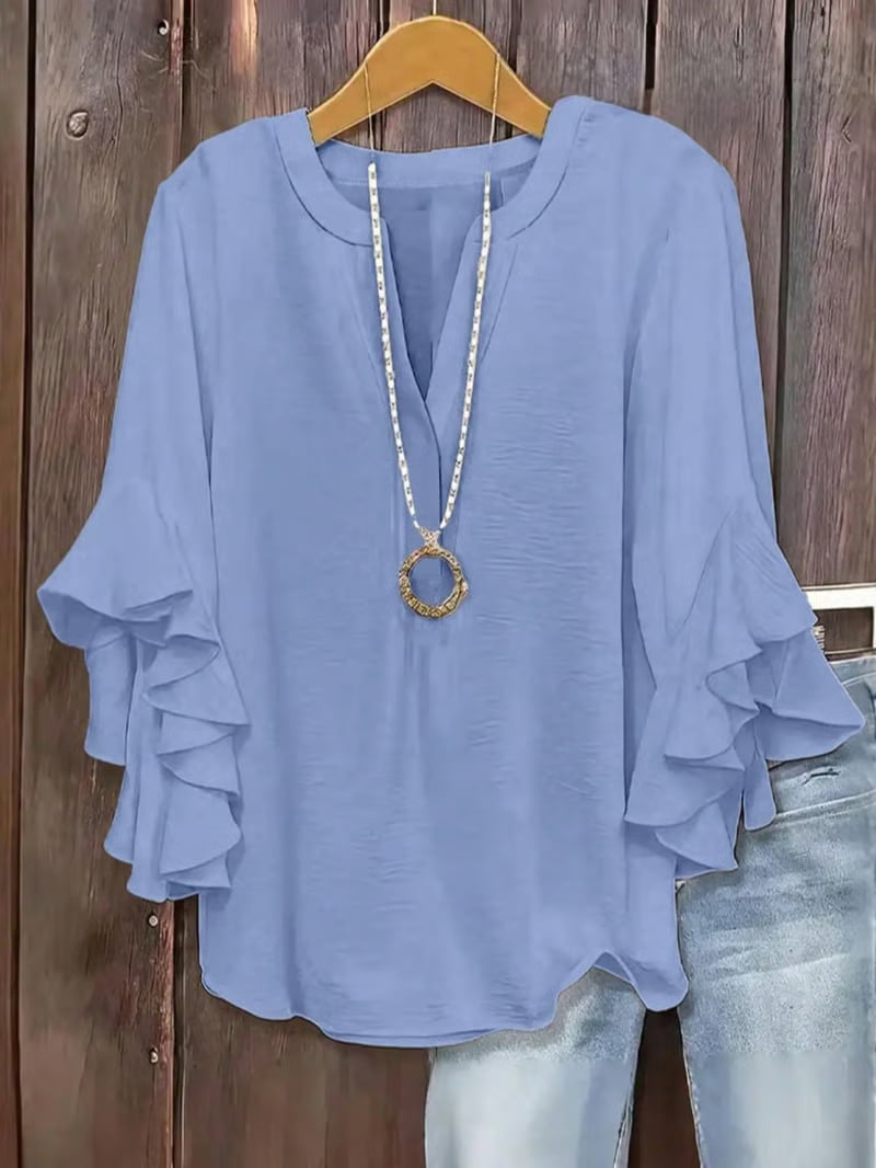 Plus Size Women's Ruffle Sleeve V-Neck Shirt - Light Blue