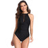 Mesh Deep V High Neck Ruched One Piece