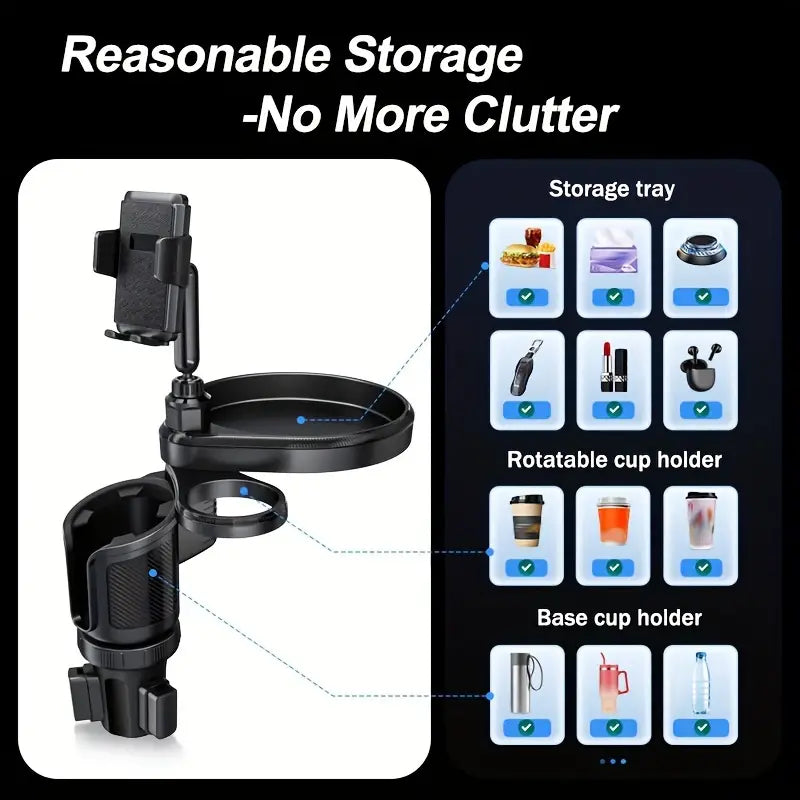 Car Cup Holder Tray Table with Expandable Base - Cell Phone and Dual Drink Cup Holder Expander for Car, Truck