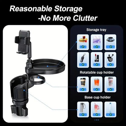 Car Cup Holder Tray Table with Expandable Base - Cell Phone and Dual Drink Cup Holder Expander for Car, Truck