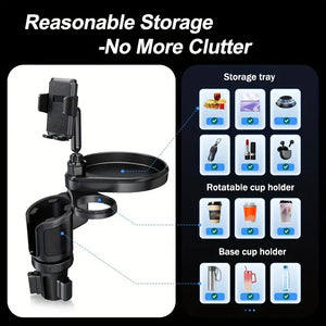 Car Cup Holder Tray Table with Expandable Base - Cell Phone and Dual Drink Cup Holder Expander for Car, Truck