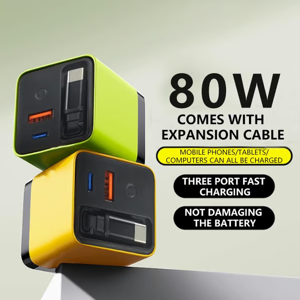 3 in 1 GaN Charger,Scalable 80W MAX fast charger module with Type-C cable and 1 USB ports