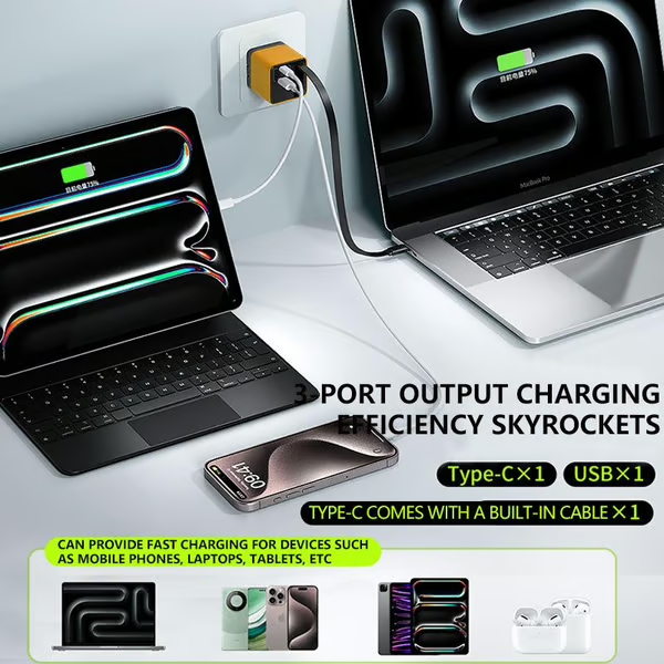 3 in 1 GaN Charger,Scalable 80W MAX fast charger module with Type-C cable and 1 USB ports