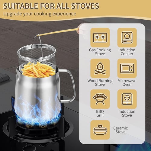 68oz 201Stainless Steel Deep Fryer Pot with Basket & Strainer, Large Capacity Bacon Grease Container for Kitchen,Frying, Cooking, Camping,Oil Filter Container - Dishwasher Safe
