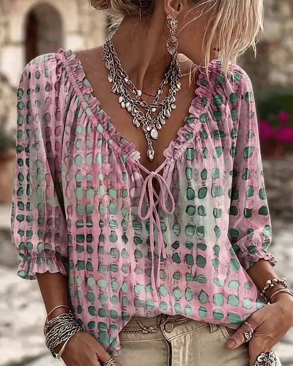 Women 3/4 Sleeve V-Neck Polka Dot Lace Up Blouse