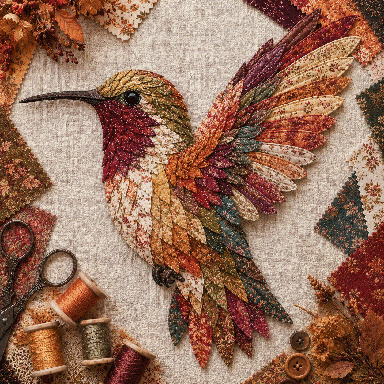 🧵 Beginner Friendly ✨ 3D Patchwork Bird DIY Craft Kit – Create a Layered Fabric Bird Worth Displaying - 🍂Autumn Harvest Hummingbird