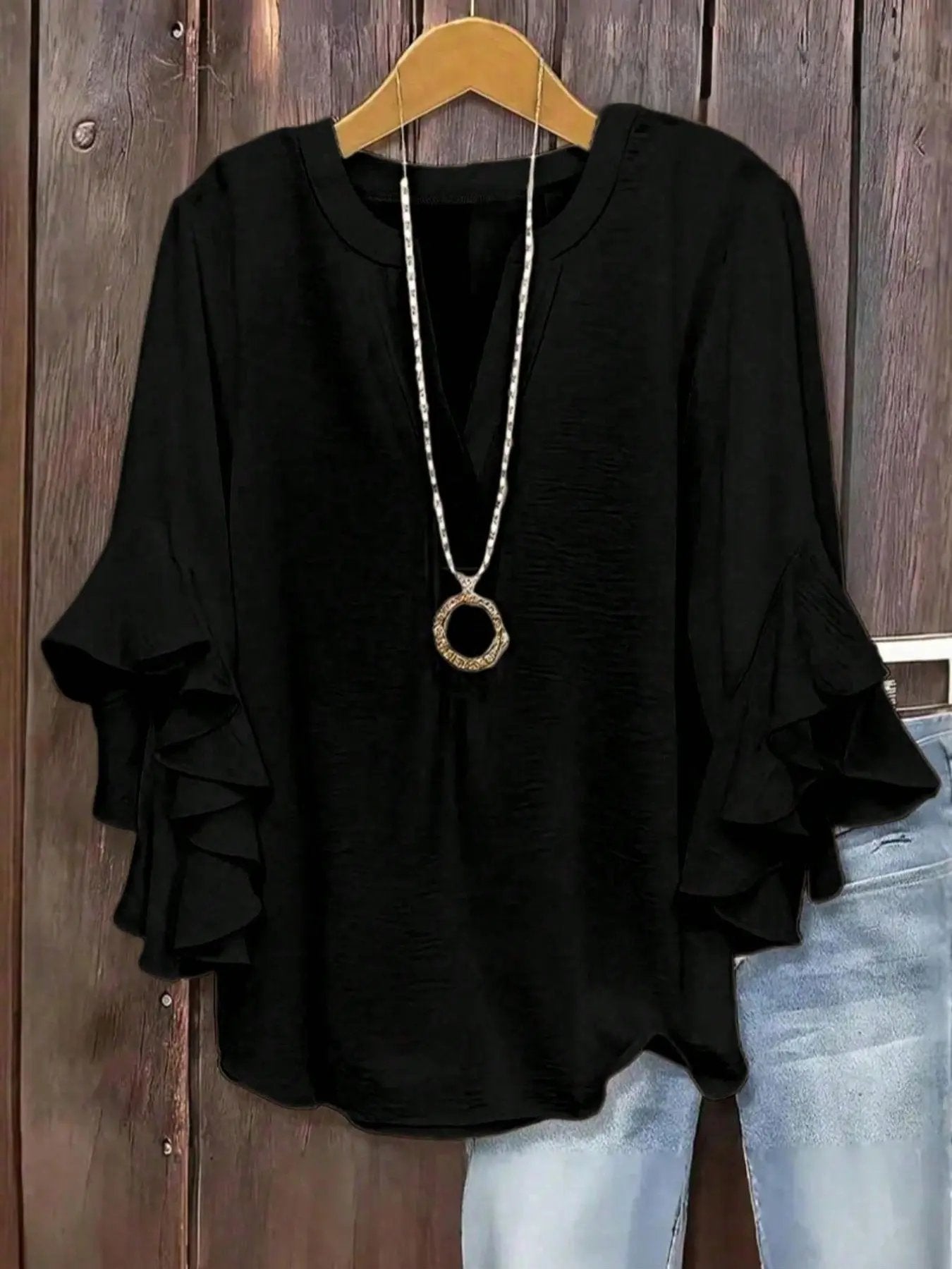 Plus Size Women's Ruffle Sleeve V-Neck Shirt - Black