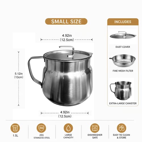 68oz 201Stainless Steel Deep Fryer Pot with Basket & Strainer, Large Capacity Bacon Grease Container for Kitchen,Frying, Cooking, Camping,Oil Filter Container - Dishwasher Safe