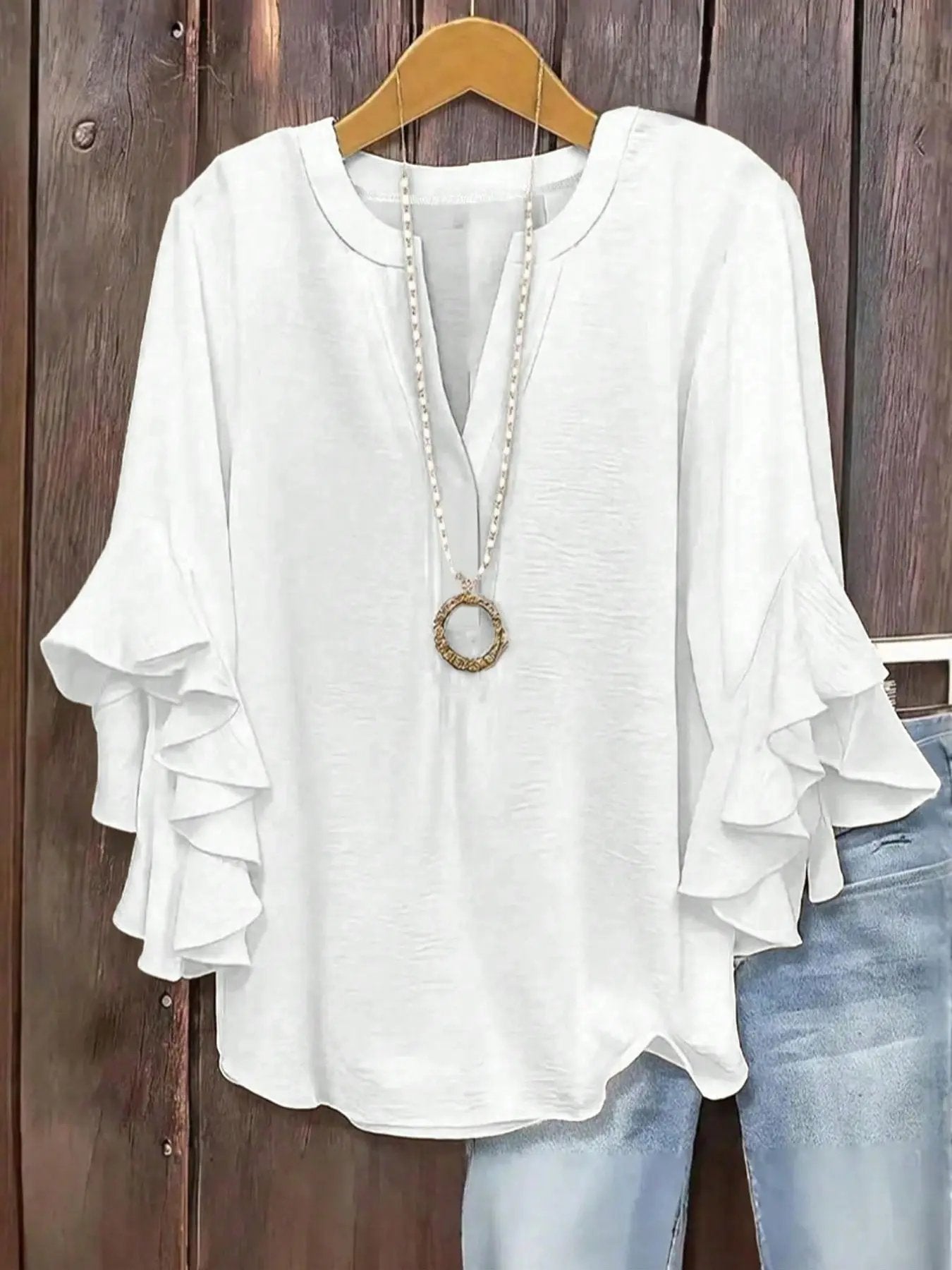 Plus Size Women's Ruffle Sleeve V-Neck Shirt - White