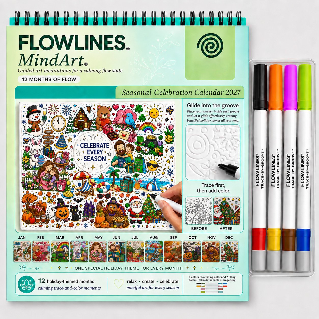 🎨Color The Year 2027: Guided Creative Calendar📅| Seasonal Guided Coloring Wall Calendar With Markers - ❤️Buy 1