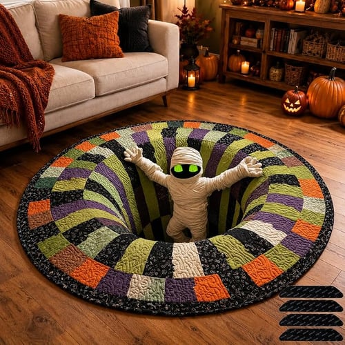 3D Halloween Rug, Candy Corn Optical Illusion Round Mat