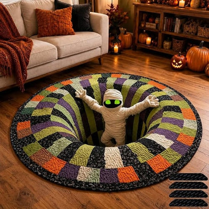 3D Halloween Rug, Candy Corn Optical Illusion Round Mat