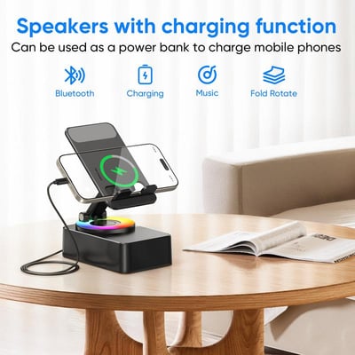 📱 Versatile Phone Stand! 🔥5-in-1 Holder with Bluetooth Speaker & Ambient Light for Relaxed Viewing