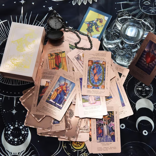 Rose Gold Tarot Cards with Guide Book Waterproof Wrinkle Resistant Foil Tarot Deck for Beginners Includes Chakras Planets Zodiac Signs Elements & Affirmations