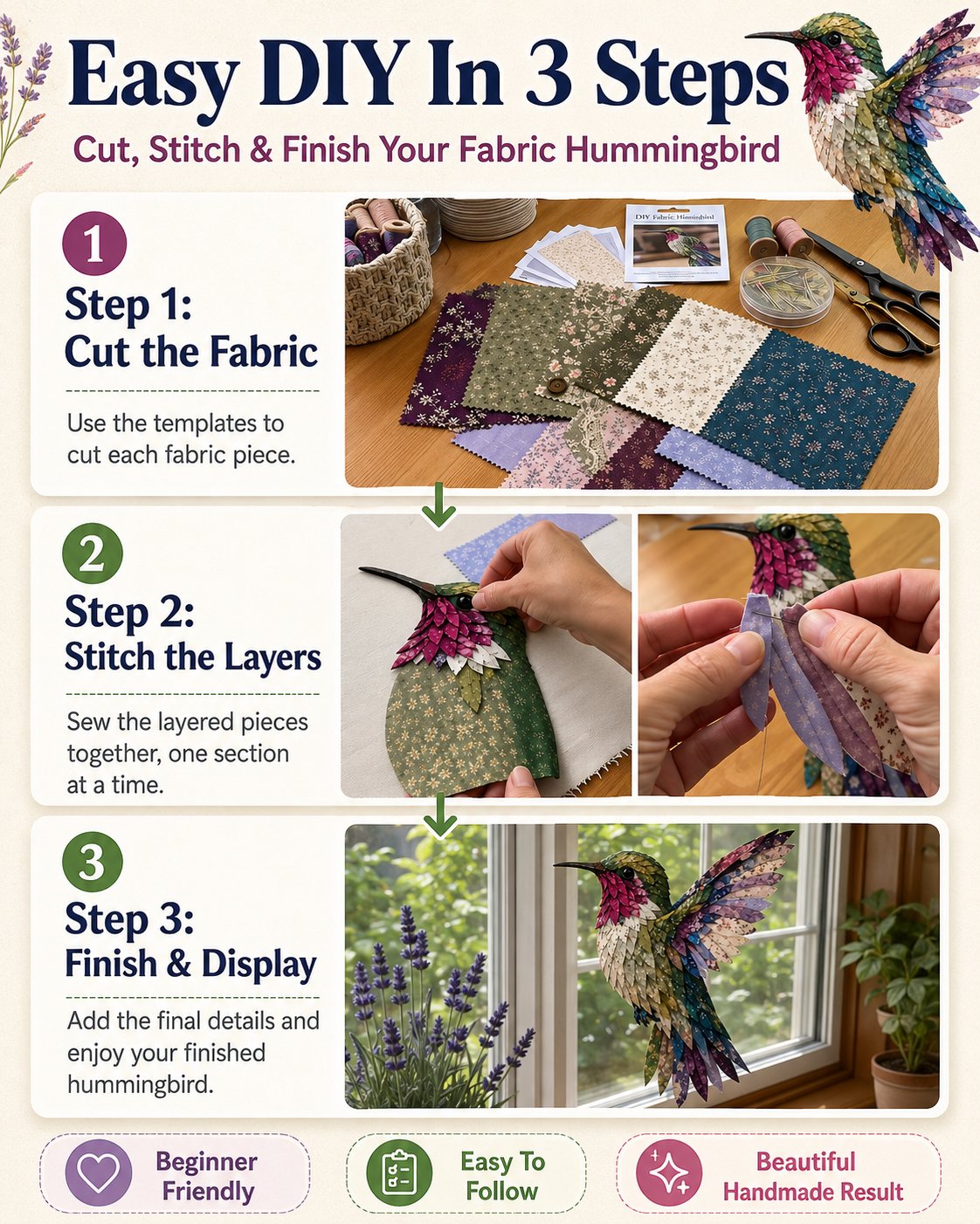 🧵 Beginner Friendly ✨ 3D Patchwork Bird DIY Craft Kit – Create a Layered Fabric Bird Worth Displaying - Image 15