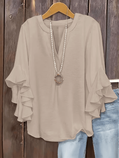 Plus Size Women's Ruffle Sleeve V-Neck Shirt, Elegant Floral Design, Comfortable and Stylish, Perfect for Casual Wear