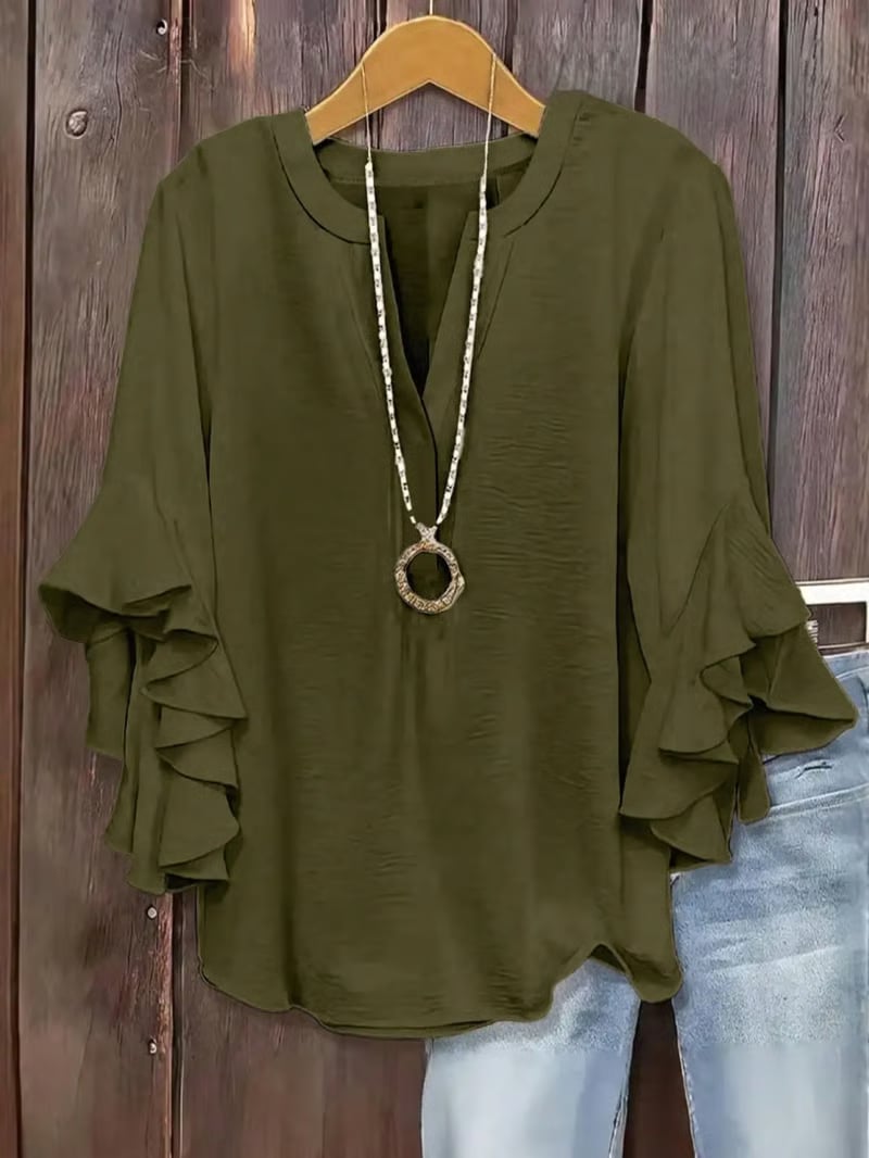 Plus Size Women's Ruffle Sleeve V-Neck Shirt - Olive Green