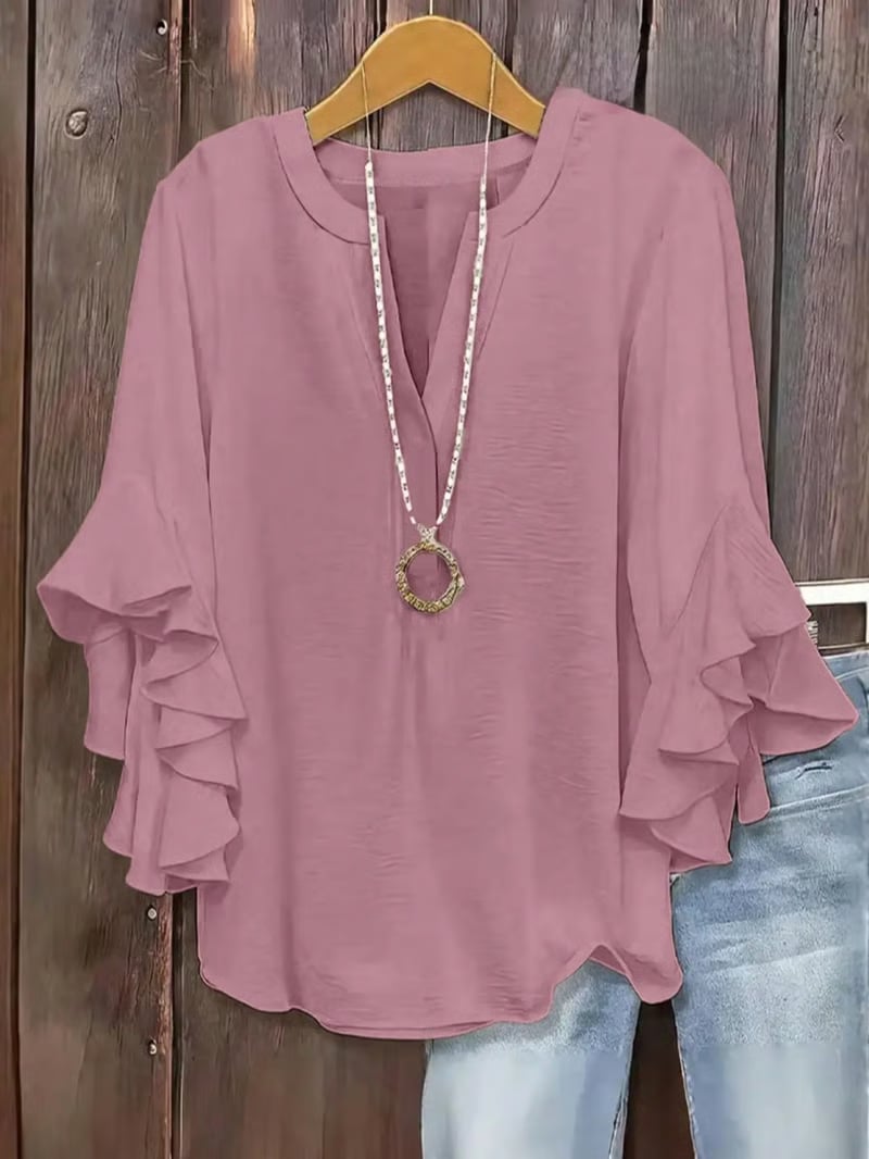 Plus Size Women's Ruffle Sleeve V-Neck Shirt - Pink