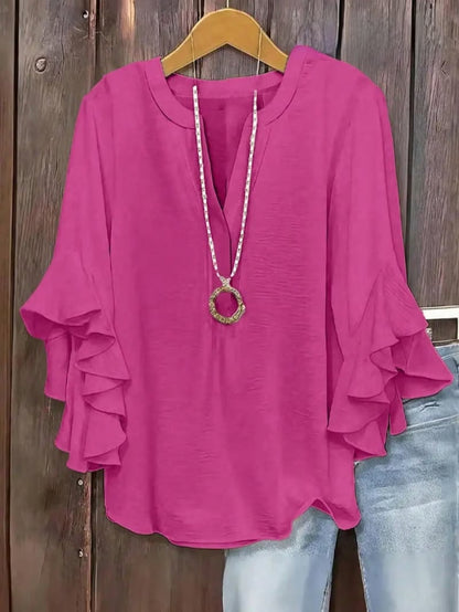 Plus Size Women's Ruffle Sleeve V-Neck Shirt, Elegant Floral Design, Comfortable and Stylish, Perfect for Casual Wear