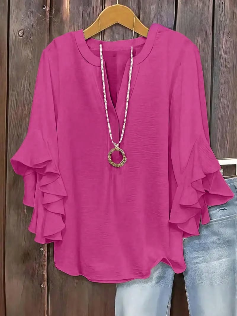 Plus Size Women's Ruffle Sleeve V-Neck Shirt - Hot Pink