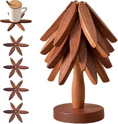 🎁✨Natural Tree Trivet Set - 4 bamoo Trivets & 1 Stand Like a Tree