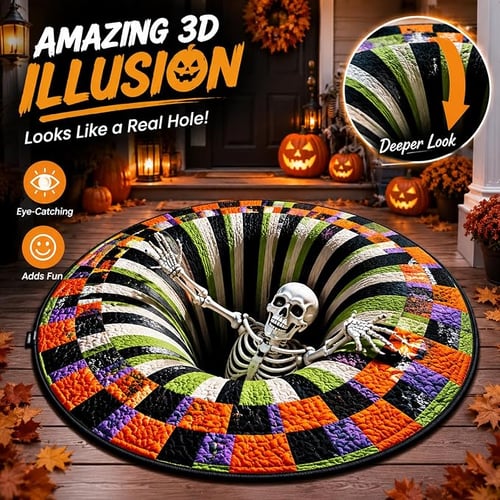 3D Halloween Rug, Candy Corn Optical Illusion Round Mat