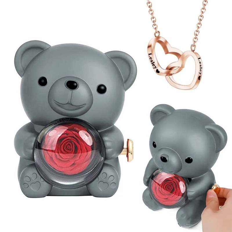 Engraved Heart Necklace - With Real Rose Bear Giftbox