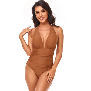 Halter V-Neck Belly Control Sling One Piece Swimsuit