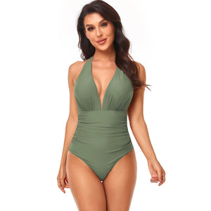 Halter V-Neck Belly Control Sling One Piece Swimsuit