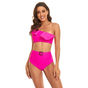 Ruffles Split High Waist Top Tie Bikini Set Swimsuit