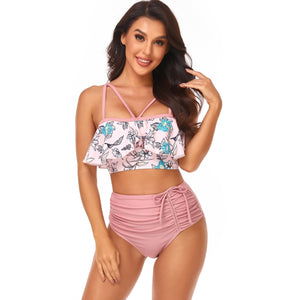 Ruffle Floral Drawstring Bikini Set Swimsuit