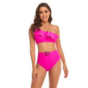 Ruffles Split High Waist Top Tie Bikini Set Swimsuit
