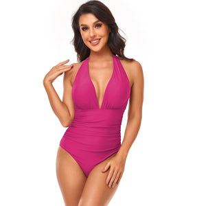 Halter V-Neck Belly Control Sling One Piece Swimsuit