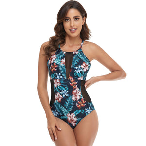 Plunge Mesh Design Halter One Piece Swimsuit