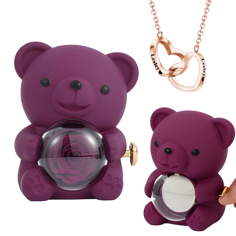 Engraved Heart Necklace - With Real Rose Bear Giftbox