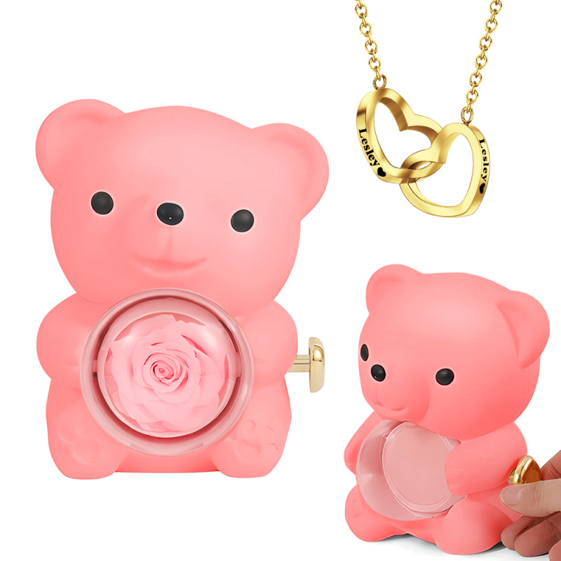 Engraved Heart Necklace - With Real Rose Bear Giftbox