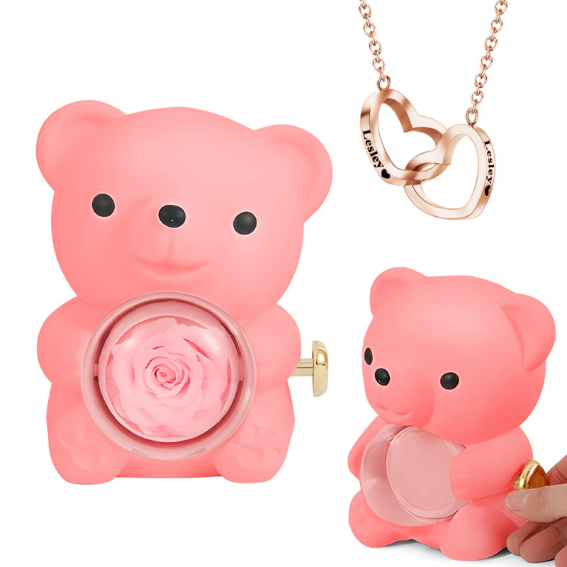 Engraved Heart Necklace - With Real Rose Bear Giftbox