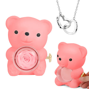 Engraved Heart Necklace - With Real Rose Bear Giftbox