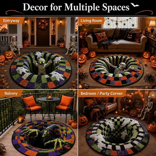 3D Halloween Rug, Candy Corn Optical Illusion Round Mat