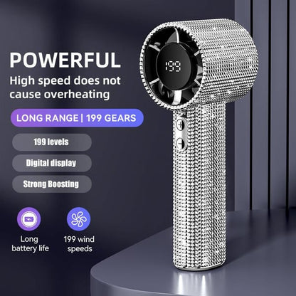 🏆Flash Sale⚡ 50K+ SOLD! Almost Gone-💥Full Diamond Luxury Craftsmanship Portable Handheld Turbo Fan, 3 Gear Wind, Rechargeable Long Battery Life Hand Fan With Digital Display For Outdoor Activities, Travel, Office,Wonmen's gift