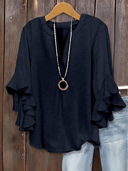 Plus Size Women's Ruffle Sleeve V-Neck Shirt - Dark Wash
