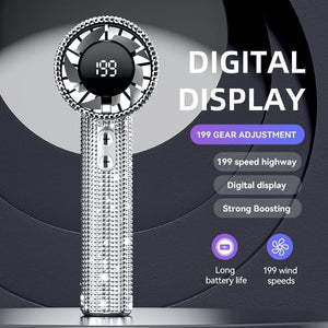🏆Flash Sale⚡ 50K+ SOLD! Almost Gone-💥Full Diamond Luxury Craftsmanship Portable Handheld Turbo Fan, 3 Gear Wind, Rechargeable Long Battery Life Hand Fan With Digital Display For Outdoor Activities, Travel, Office,Wonmen's gift