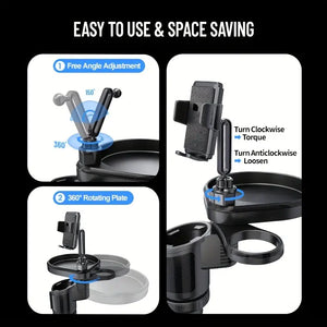 Car Cup Holder Tray Table with Expandable Base - Cell Phone and Dual Drink Cup Holder Expander for Car, Truck