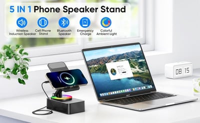 📱 Versatile Phone Stand! 🔥5-in-1 Holder with Bluetooth Speaker & Ambient Light for Relaxed Viewing