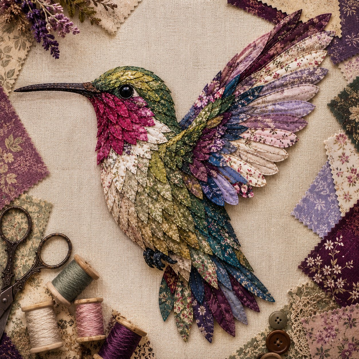 🧵 Beginner Friendly ✨ 3D Patchwork Bird DIY Craft Kit – Create a Layered Fabric Bird Worth Displaying - 💜Twilight Garden Hummingbird
