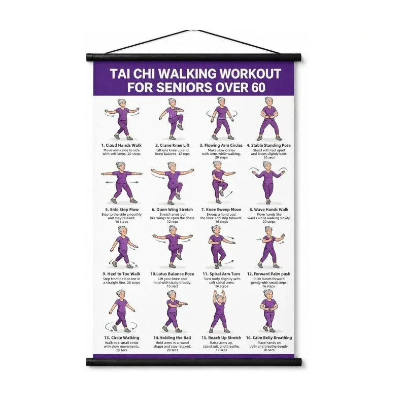 🧓📋 Tai Chi Workout Poster for Seniors – 16 illustrated exercises, standing or seated, large text – easy to follow. 💪 - Image 1