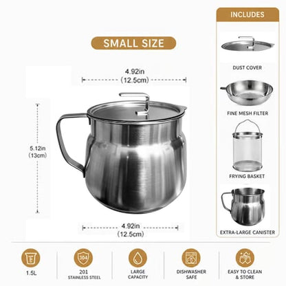 68oz 201Stainless Steel Deep Fryer Pot with Basket & Strainer, Large Capacity Bacon Grease Container for Kitchen,Frying, Cooking, Camping,Oil Filter Container - Dishwasher Safe