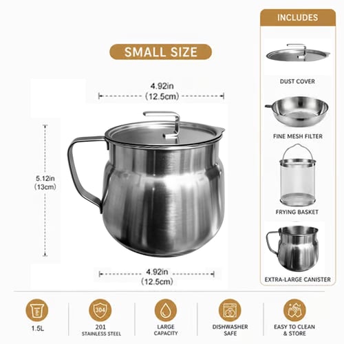 68oz 304Stainless Steel Deep Fryer Pot with Basket & Strainer, Large Capacity Bacon Grease Container for Kitchen,Frying, Cooking, Camping,Oil Filter Container - Dishwasher Safe