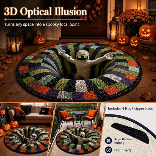 3D Halloween Rug, Candy Corn Optical Illusion Round Mat
